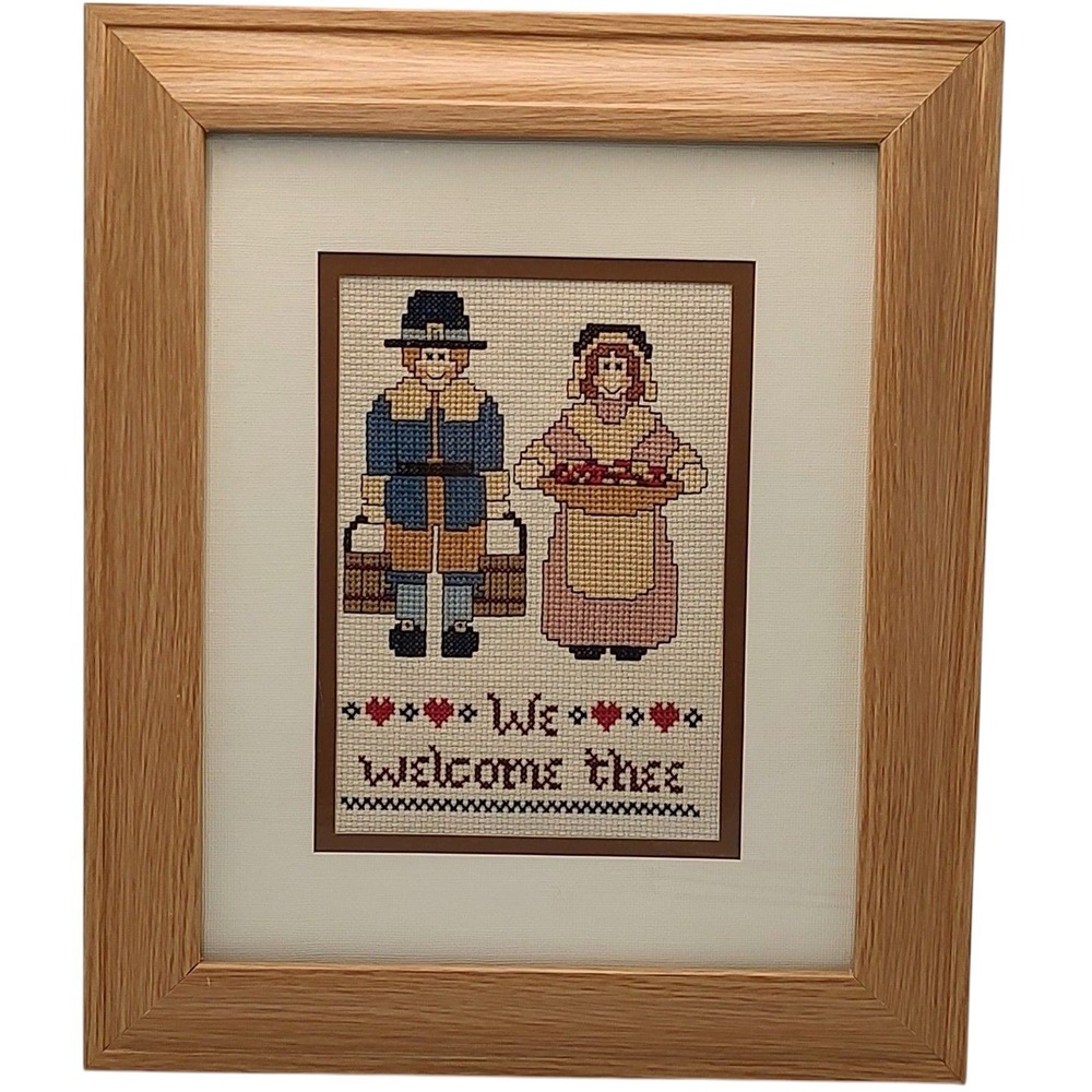 Finished Counted Cross Stitch Thanksgiving‎ We Welcome Thee Matted Glass Framed